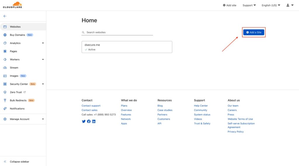 Dodawanie nowej domeny w Cloudflare z poziomu dashboardu