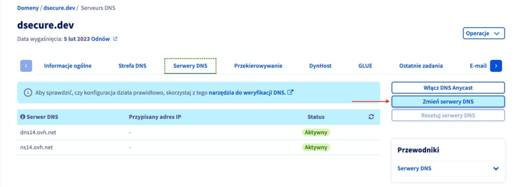 Zmiana nameserverów w panelu zarządzania OVH