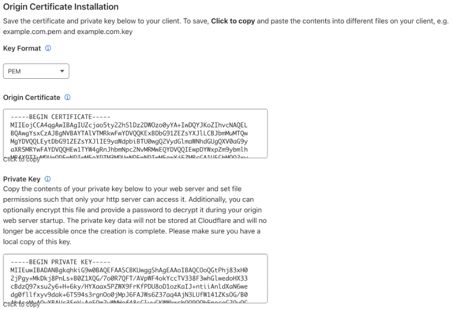 Wygenerowany certyfikat oraz klucz prywatny Cloudflare Origin CA