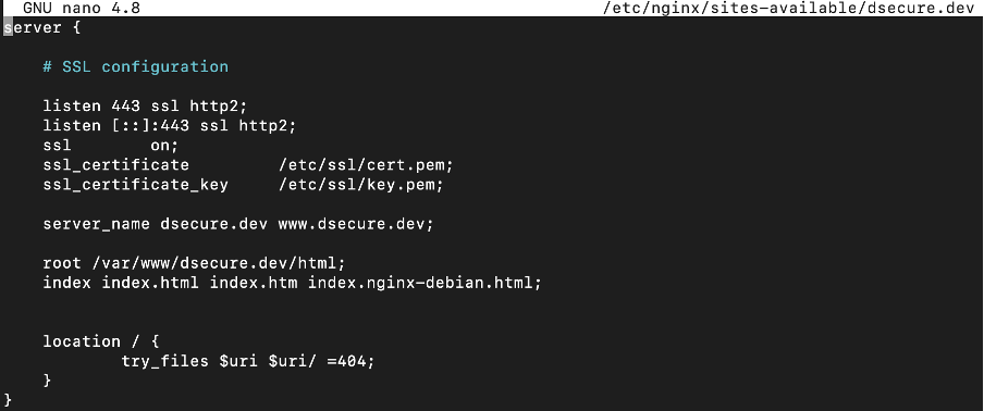Przykładowa konfiguracja NGINX dla domeny dsecure.dev